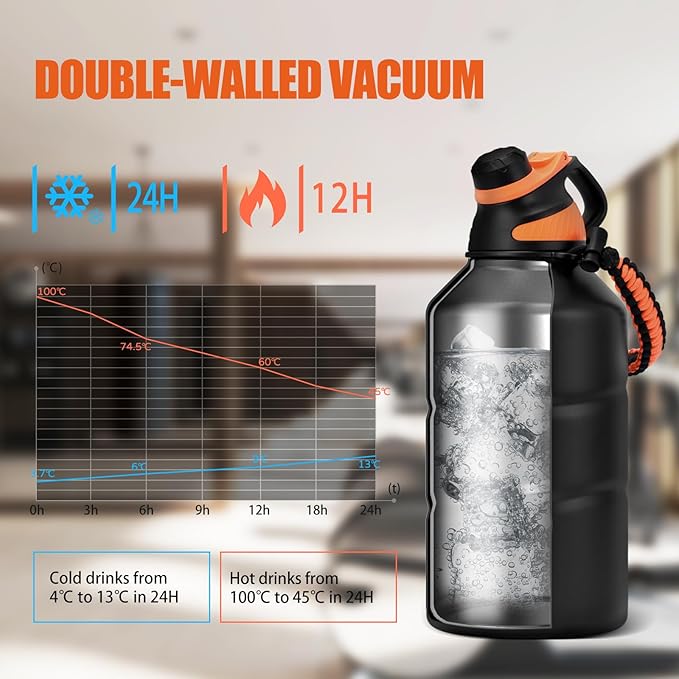 Fjbottle Insulated Half Gallon Water Bottle 64oz with Magnetic Lid,Stainless Steel Double-Wall Vacuum Leak Proof Sports Insulated Jug Keep Water Hot & Cold for Outdoor,Gym Blackorange