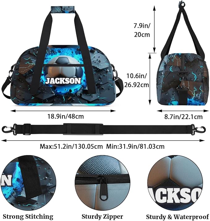 Personalized Boys Soccer Gym Duffel Bags for Kids with Custom Name Sport Training Travel Bags for Overnight Weekender