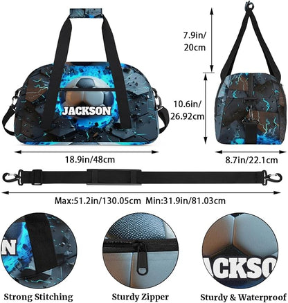 Personalized Boys Soccer Gym Duffel Bags for Kids with Custom Name Sport Training Travel Bags for Overnight Weekender