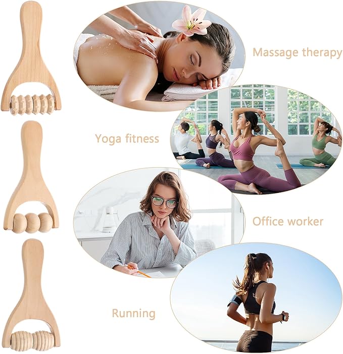 3Pcs Wooden Hand Massage Roller, Muscle Roller Stick, Manual Wood Therapy Massage Tools Massager Roller, for Relaxes Thigh, Leg, Hands Full Body Muscle Men Women