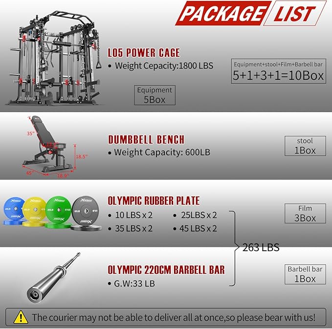 Smith Machine with Cable Crossover System, Multi-Function Squat Rack Power Cage for Home Gym, Power Rack and Packages Weight Sets