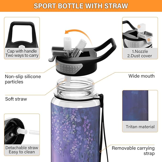 Fustylead Two Peacocks on Purple Flower 32oz Sports Water Bottle with Removable Straw, Reusable Clear Water Bottles, Leak Proof, BPA-Free