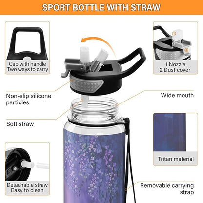 Fustylead Two Peacocks on Purple Flower 32oz Sports Water Bottle with Removable Straw, Reusable Clear Water Bottles, Leak Proof, BPA-Free