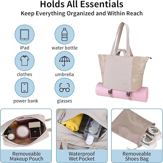Tote Bag for Women, Lightweight Versatile Gym Travel Bags with Yoga Mat Strap, Wet Pocket, Shoe Bag & Cosmetic Pouch, Everyday Tote for Workout Fitness Pilates Swimming Work Stylish Handbag