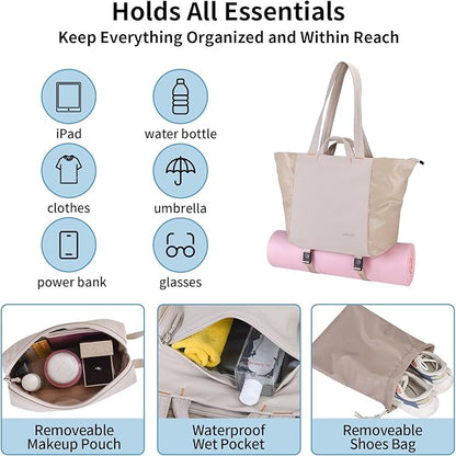 Tote Bag for Women, Lightweight Versatile Gym Travel Bags with Yoga Mat Strap, Wet Pocket, Shoe Bag & Cosmetic Pouch, Everyday Tote for Workout Fitness Pilates Swimming Work Stylish Handbag