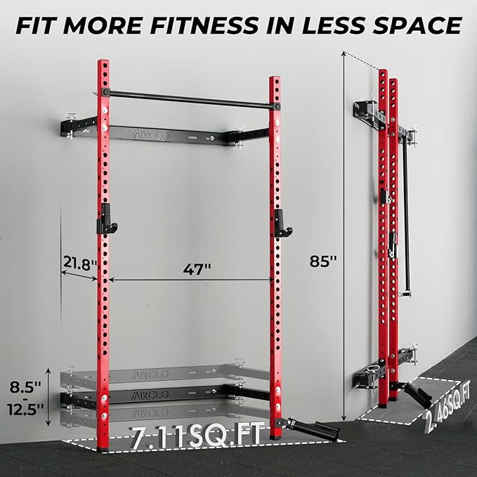 Mikolo 2" x 2" Folding Wall Mounted Squat Rack, 1000 Pounds Capacity Power Rack with Pull Up Bar, J Hooks and Other Attachments, Space-Saving Home Gym