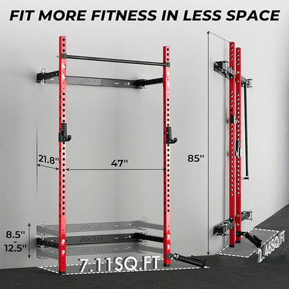 Mikolo 2" x 2" Folding Wall Mounted Squat Rack, 1000 Pounds Capacity Power Rack with Pull Up Bar, J Hooks and Other Attachments, Space-Saving Home Gym