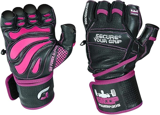 Grip Power Pads Leather Gym Gloves for Women – Built-in 2" Wrist Wraps, Pink Weightlifting, Powerlifting, Bodybuilding Workout