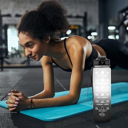 32 oz Motivational Water Bottle with Time Marker,Water Bottles with Times to Drink and Straw with Carrying Strap,Perfect For Fitness Gym Outdoor,BPA Free (Black & White Gradient)