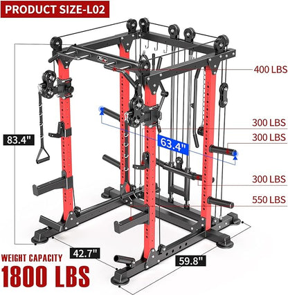 Multi-Purpose Squat Rack,Smith Machine Weight Rack Set with Cable Crossover System, Home Gym Power Racks, Power Racks and Packages