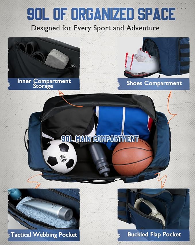 Gonex 90L Extra Large Duffel Bag for Men, Heavy Duty 3 in 1 Convertible Carry Travel Duffle, with Shoe Compartment, Tactical Loops, Sports Gear Bag for Family Trips (Dark Blue)