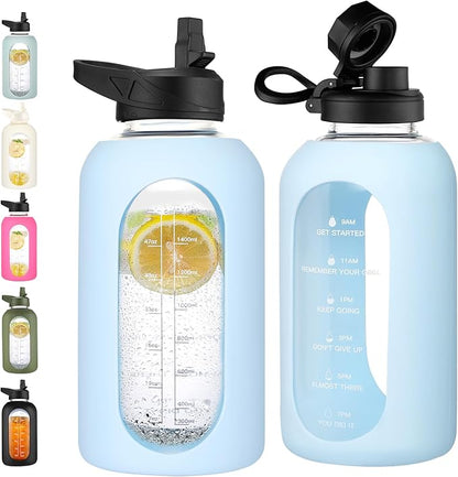 CIVAGO 64 oz Glass Water Bottle Jug with Straw and Handle, Half Gallon Sports Motivational Water Bottle with Time Marker, Wide Mouth Flask Canteen with Silicone Sleeve for Gym, Light Blue