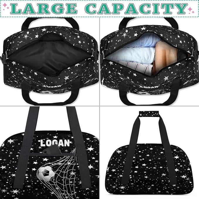 Personalized Gym Bag Soccer Sports Duffel Bag Kids Boys, Custom Name Weekender Gymnastics Training Bag for Men Traveling Business Trip, Soccer Goal Stars Pattern Black