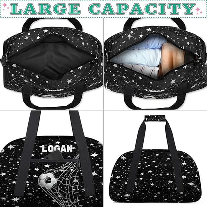 Personalized Gym Bag Soccer Sports Duffel Bag Kids Boys, Custom Name Weekender Gymnastics Training Bag for Men Traveling Business Trip, Soccer Goal Stars Pattern Black