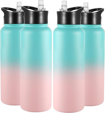 VEGOND 40 oz Insulated Water Bottle Bulk Stainless Steel Metal Water Bottles with Leak Proof Straw Lid & Spout Lid, Wide Mouth Double Walled Vacuum Travel Sports Bottle, 4 Pack