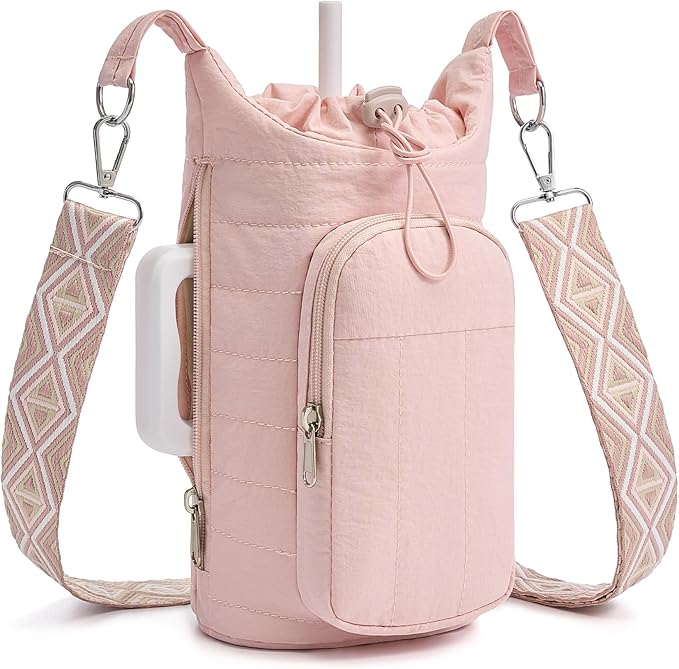 WOOMADA Water Bottle Holder Bag with Strap, 40/32 oz Crossbody Bag Gym Accessories, Sling Purses for Women（Pink）
