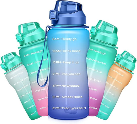 Gallon Motivational 64/100 oz Water Bottle with Time Marker & Straw, Large Daily Water Jug for Fitness Gym Outdoor Sports, Remind of All Day Hydration, Leak Proof, BPA Free (blue+purple, 100oz)