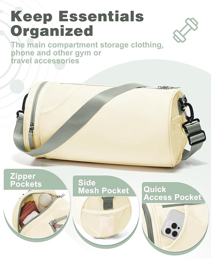 Small Gym Bag for Women Waterproof Mini Duffle Bag Womens Spotrs Workout Bags Small Travel Duffel Bag with Wet Pocket Carry on Weekender Bags for Dance Swimming,Gym,Yoga,Fitness Beige Green