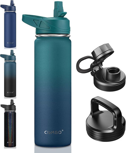 CIVAGO 22 oz Insulated Water Bottle With Straw, Stainless Steel Sports Water Flask Cup with 3 Lids (Straw, Portable Spout and Handle Lid), Double Walled Travel Thermal Canteen Mug, Dark Night