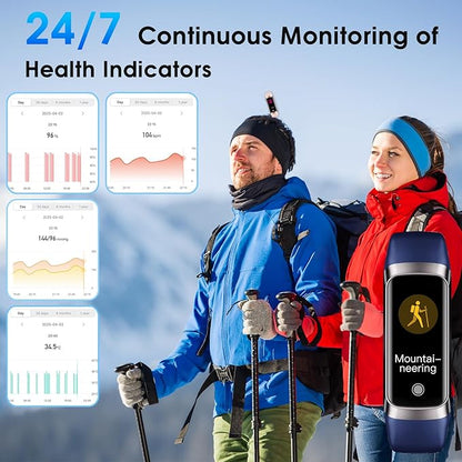 Fitness Tracker, 24/7 Heart Rate Blood Oxygen Blood Pressure Body Temp Monitor Sleep Calorie Tracker with 1.1" AMOLED Touch Color Screen Pedometer Smart Watch Waterproof for Women Men (Blue)