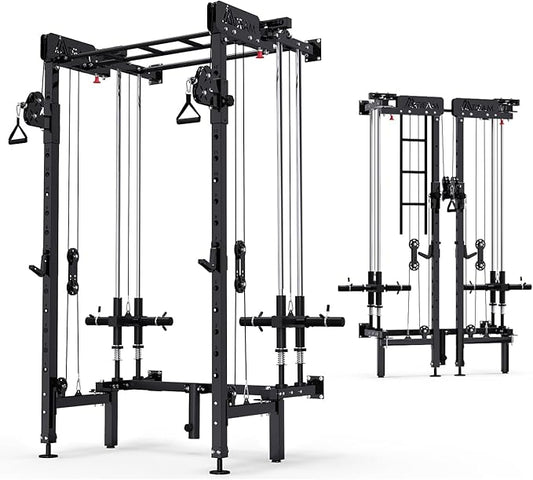 Folding Squat Rack, Wall Mounted Power Rack with Cable Crossover Machine & LAT Pull Down Multi-Function Space-Saving Power Cage with 7 Adjustable Modes/Dual Pulley System/Pull-up Bar/360°Landmine