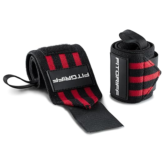 Fitgriff® Wrist Wraps for Weightlifting (18") Heavy-Duty Support for Gym, Bench Press, and Pushups (1 Pair) - for Men and Women (Black/Red)