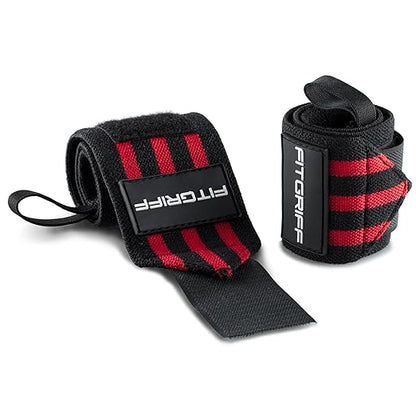 Fitgriff® Wrist Wraps for Weightlifting (18") Heavy-Duty Support for Gym, Bench Press, and Pushups (1 Pair) - for Men and Women (Black/Red)