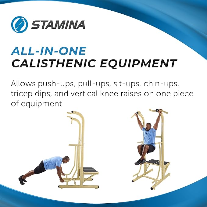 Stamina Pull Up Bar Tower & Dip Station, Free Standing Outdoor Home Gym Equipment, Green - Adjustable and Portable Workout Stand for Calisthenics Body Weight Training
