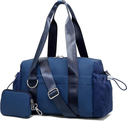 Everyday Mini Gym Bag for Women 2.0, Small Tote with Zipper Compartment Waterproof Travel Duffle Cute Handbag Workout Carry On with Removeable Shoulder Strap & Coin Wallet Easy to Clean - Navy