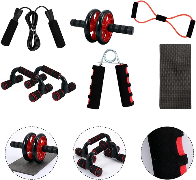 Abdominal Roller Wheel 7pcs Set with Double Red Wheels, Core Strength Training Exercise Roller for Men and Women, Home Fitness Equipment for Ab Workouts and Muscle Toning