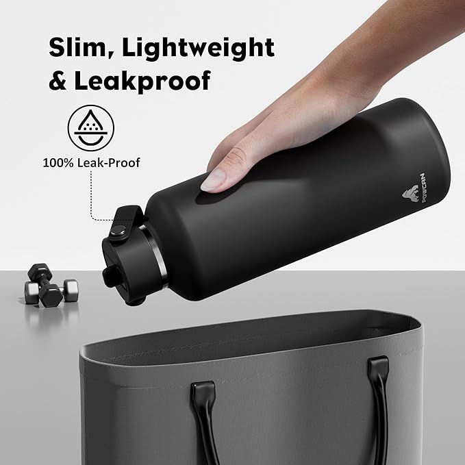 POWCAN 32oz Stainless Steel Slim Water Bottle: Sweatproof, Flex Cap, Lightweight, Standard Mouth, Top Handle, Vacuum Insulated Flask with straw for Office, Home, Commute, Workouts (Midnight Black)