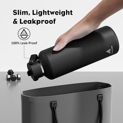 POWCAN 32oz Stainless Steel Slim Water Bottle: Sweatproof, Flex Cap, Lightweight, Standard Mouth, Top Handle, Vacuum Insulated Flask with straw for Office, Home, Commute, Workouts (Midnight Black)
