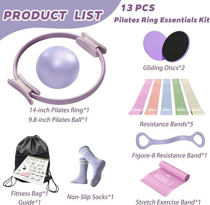 Pilates Essentials Kit for Women, Yoga Exercise Equipment Set for Home Workouts with Mini Ball, Resistance Bands, Sliding Disks & Accessories - Fitness Set for Yoga & Pilates Beginners