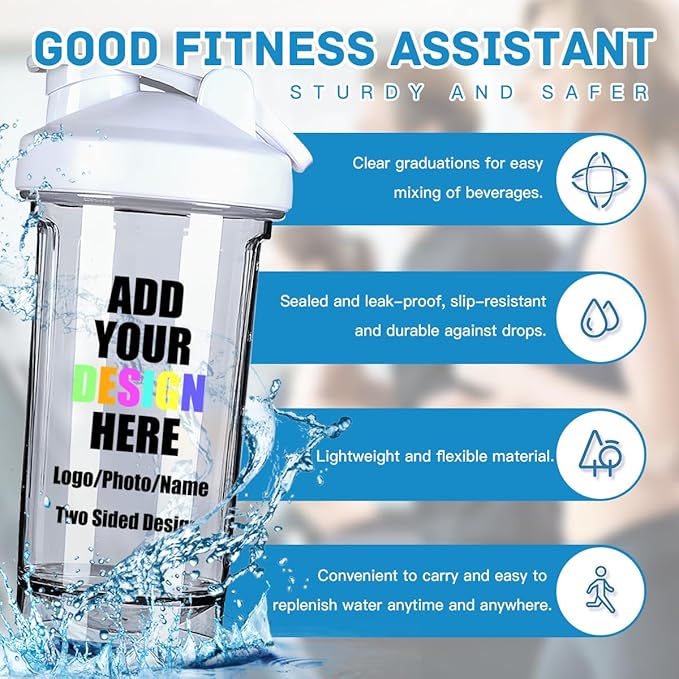 Custom Plastic Shaker Bottles with Handle, Personalized Fitness Shaker Bottles with Your Own Design/Logo/Name, Sports Water Bottle Leak Proof Cup for Protein Mixes, White
