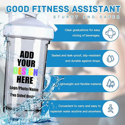 Custom Plastic Shaker Bottles with Handle, Personalized Fitness Shaker Bottles with Your Own Design/Logo/Name, Sports Water Bottle Leak Proof Cup for Protein Mixes, White