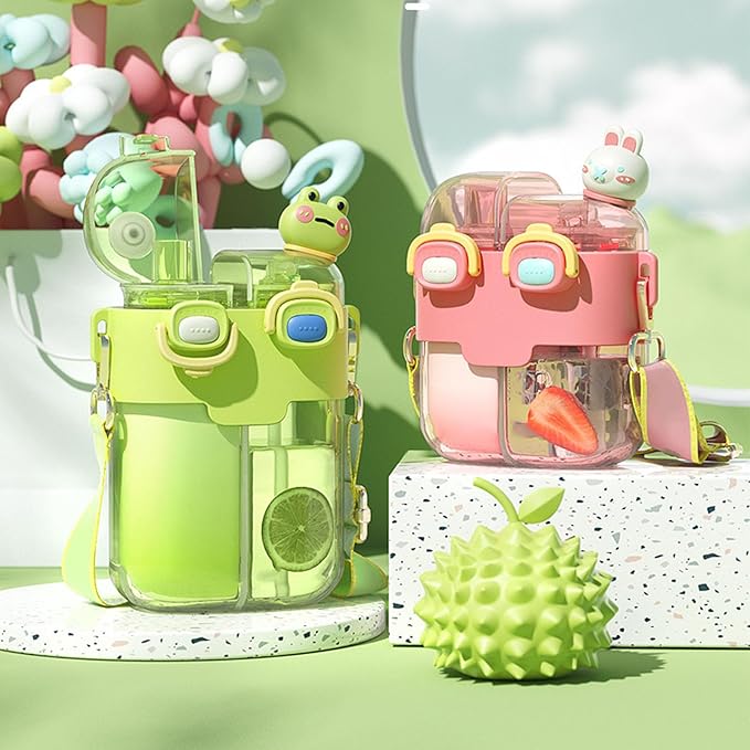 Fdit Kawaii Water Bottles with Straw, Fashion Plastic Double Drinking Water Bottle Adjustable Strap for Sports Fitness Gym Camping (Lime Green 780ml)