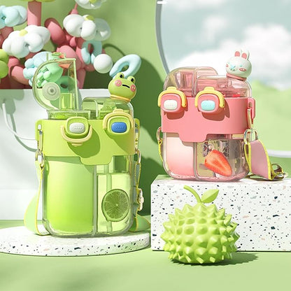 Fdit Kawaii Water Bottles with Straw, Fashion Plastic Double Drinking Water Bottle Adjustable Strap for Sports Fitness Gym Camping (Lime Green 780ml)