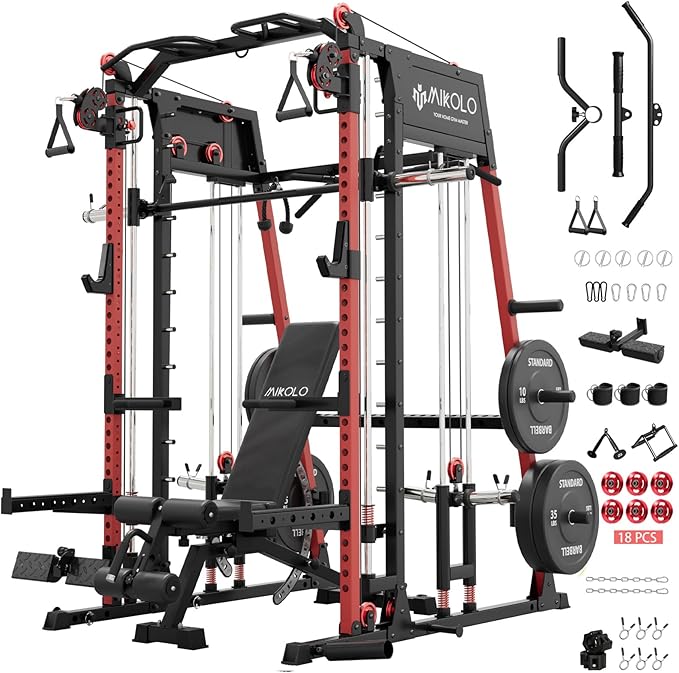 Mikolo M4 2.0 Smith Machine, 2200lbs Squat Rack with LAT-Pull Down System & Cable Crossover Machine, Training Equipment with Leg Hold-Down Attachment
