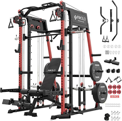 Mikolo M4 2.0 Smith Machine, 2200lbs Squat Rack with LAT-Pull Down System & Cable Crossover Machine, Training Equipment with Leg Hold-Down Attachment