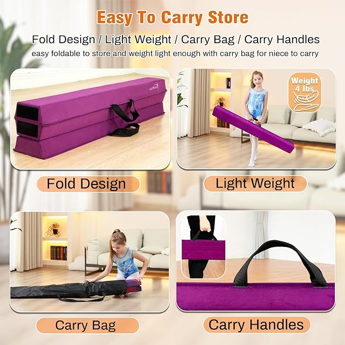 MARFULA 6 FT / 8 FT / 9 FT Folding Gymnastics Beam Foam Balance Floor Beam - Extra Firm - Suede Cover - Anti Slip Bottom with Carry Bag for Kids/Adults Home Use