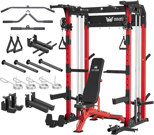 MAJOR FITNESS F22 Power Rack, 1600lbs All-in-One Squat Rack with Dual Pulley System, Heavy-Duty Steel Frame, Attachments & Storage for Home Gym Strength Training