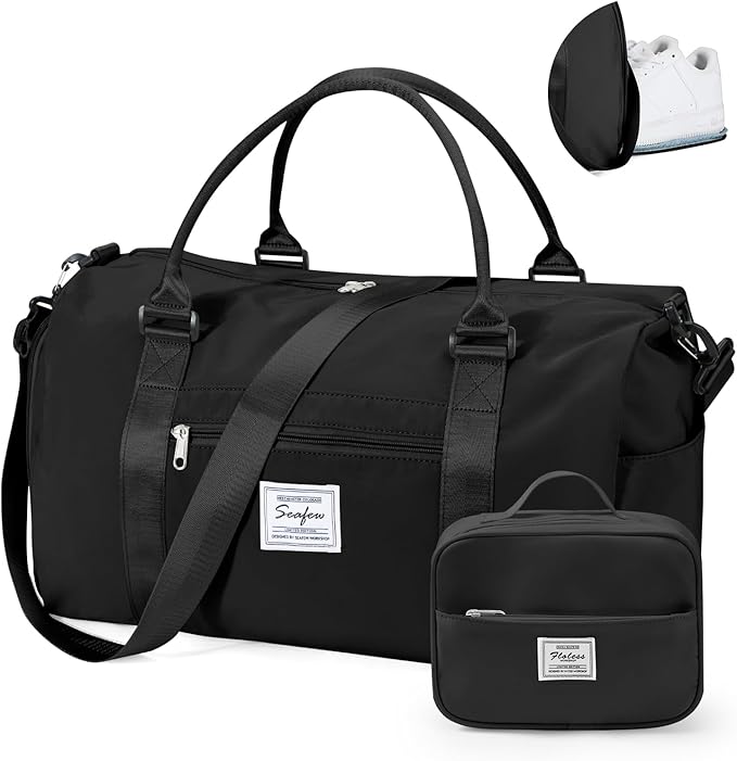 Gym Bag for Women with Shoes Compartment Small Duffel Bag Sport bag with Toiletry Bag Overnight Travel Tote Bags Weekender Carry on Personal Item Bags for Airlines Black