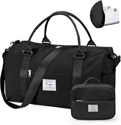 Gym Bag for Women with Shoes Compartment Small Duffel Bag Sport bag with Toiletry Bag Overnight Travel Tote Bags Weekender Carry on Personal Item Bags for Airlines Black