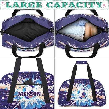 Personalized Soccer Gym Duffel Bags for Kids Boys with Custom Name Sport Training Travel Bags for Overnight Weekender, Purple