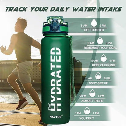 Water Bottle, 32oz Sports Water Bottles with Time Marker Wide Mouth, Motivational and Leakproof Drink Bottle, BPA Free Tritan with Carry Strap for Gym Fitness Outdoor (1 Bottle)