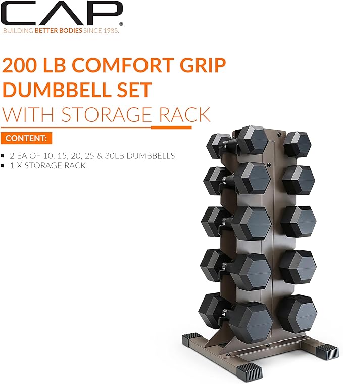 CAP Barbell Rubber Coated Hex Dumbbell Set with Vertical Rack | 100-300 lbs Free Weights Dumbbells Set for Home Gym | Multiple Options