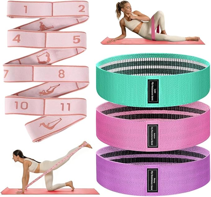 2-in-1 Fabric Resistance Bands Set & Numbered Elastic Stretching Strap - Non-Slip Glute Bands for Women, 12-Loop Stretch Workout Band with Visual Guide for Flexibility, Yoga, Rehab