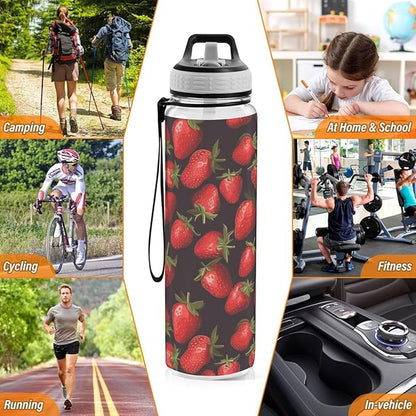 ALAZA Strawberry on Black Sports Water Bottle with Straw Tritan Drink Bottle 32 oz BPA Free Reusable for Travel Outdoor Fitness