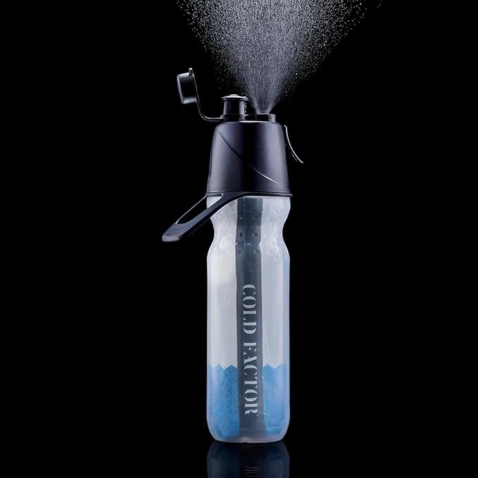COLD FACTOR Insulated Water Bottle with Cooling Spray – Refillable Sport Bottle for Gym, Cycling, Fitness, and Outdoor Sports, Bike BPA Free, Reusable Design for Training and Travel, 20oz Blue/White