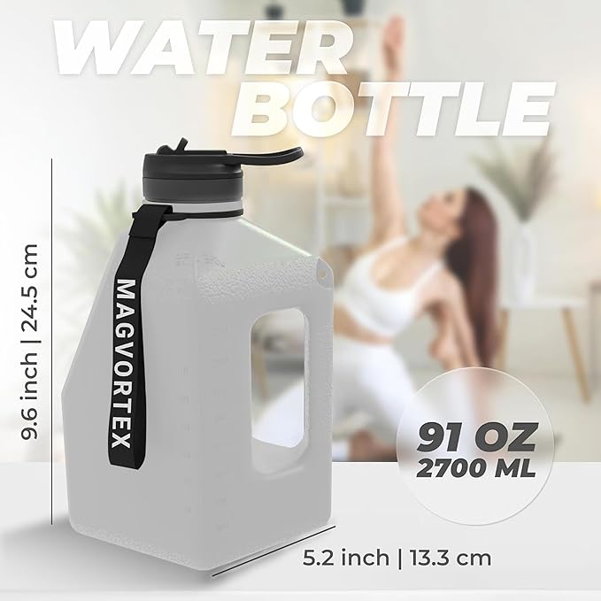 91oz Gym Daily Water Bottle Grey – Large BPA-Free PETG Jug with Magnetic Plate Phone Mount, Leakproof Flip-Top Lid, Wide Mouth for Ice, Straw, Carry Strap, Stable Base, Time Marker